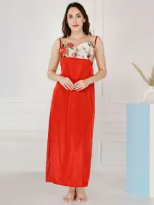 Be You Floral Printed Shoulder Straps Satin Maxi Nightdress With Robe