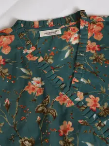 DECKEDUP Floral Printed V-Neck Cotton Wrap Midi Dress