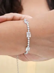 SWASHAA Women Stainless Steel Silver-Plated Artificial Stones Studded Link Bracelet