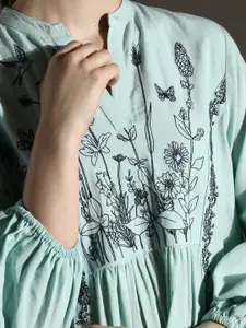 Dora Dori 
Relaxed Fit Embroidered Mandarin Collar High Low Hem Dress