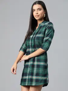 One Femme Checked Mandarin Collar Shirt Mini Dress