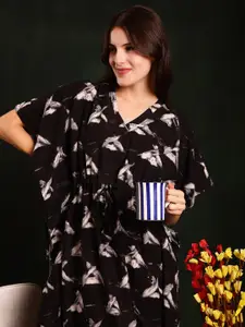 Claura Geometric Printed V-Neck Kaftan Maxi Nightdress