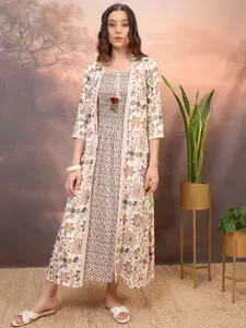 Vishudh Pink Floral Printed A-Line Midi Dress