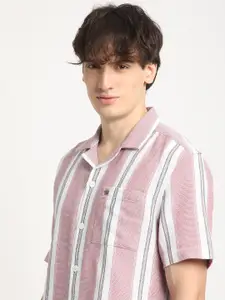 THE BEAR HOUSE Striped Cuban Collar Oxford Weave Opaque Casual Shirt