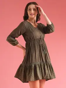 Globus Waist Tie Up Fit & Flare Schiffli Dress