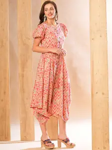 Globus Allover Chevron Printed Hexagonal Hem Fit & Flare Fusion Midi Dress