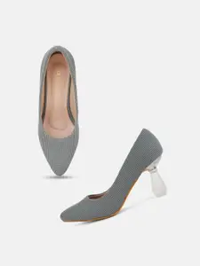 DressBerry Grey Pointed Toe Block Heeled Pumps