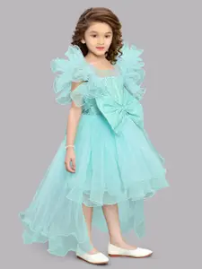 Pink Chick Girls Flutter Sleeves Layered Net High-Low Fit And Flare Maxi Dress