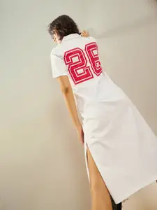 SASSAFRAS White Typography Printed Shirt Collar Cotton T-shirt Midi Dress