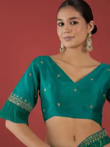 Anouk Green Leheriya Printed Embroidered Pure Chiffon Half and Half Leheriya Saree