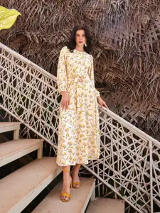 PURVAJA Ethnic Motifs Print Long Sleeves Round Neck Fit & Flare Dress