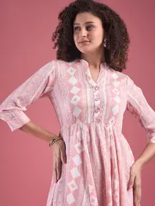 Deewa Striped Mandarin Collar Crepe Fit & Flare Midi Dress