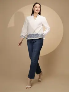 Global Republic Ethnic Motifs Printed Mandarin Collar Cuffed Sleeves Cotton Top