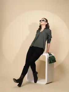 Global Republic Checked Shirt Collar Roll-Up Sleeves Linen Top