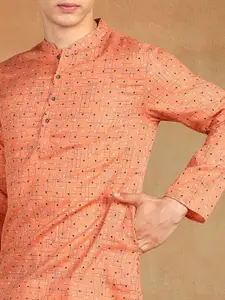 Anouk Peach Geometric Printed Mandarin Collar Long Sleeves Thread Work Straight Kurta