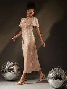 Molly & Michel V-Neck Flared Sleeves Embellished Sequinned Detail Net Maxi Dress