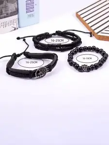 MEENAZ Men Set Of 3 Silver-Plated Beaded Leather Wraparound Bracelet