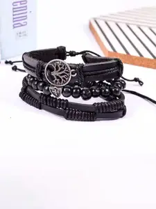 MEENAZ Men Set Of 3 Silver-Plated Leather Wraparound Bracelet