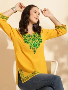 QUEENLEY Floral Embroidered Notch Neck Pure Cotton Straight Kurti