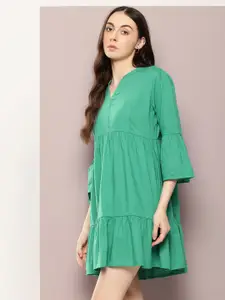 Kook N Keech Bell Sleeves Mandarin Collar Tiered A-Line Dress