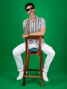 PEPLOS Striped Spread Collar Short Sleeves Cotton Shirt