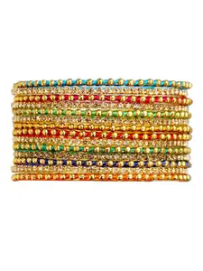 FEMMIBELLA Set Of 14 Gold Plated Cubic Zirconia Studded Threadwork Bangles