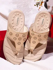 DressBerry Women Beige Laser Cut Thong Flip-Flops