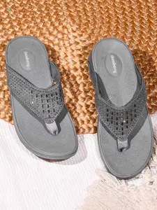 DressBerry Women Grey Embellished Thong Flip-Flops