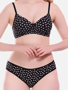 FIMS Pack Of 2 Printed Lightly Padded Bra With Mid-Rise Briefs