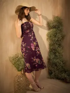 Marie Claire Floral Printed Strapless Sleeveless Chiffon Fit & Flare Midi Dress