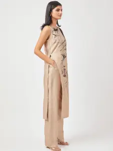 Contemponari Abstract Printed Round Neck Sleeveless Linen Straight Kurta