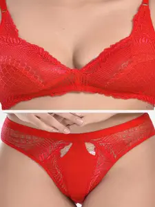 StyFun Pack Of 2 Lace Net Non Padded Bra & Mid-Rise Brief