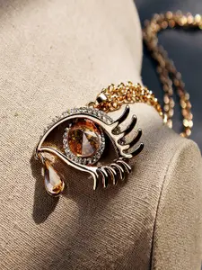 UNIVERSITY TRENDZ Gold-Plated Cubic Zirconia Studded Teardrop Shaped Pendants with Chain