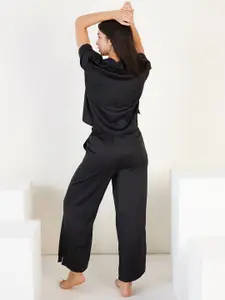 Sweet Dreams Black Lapel Collar Satin Night suit