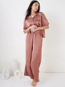 Sweet Dreams Brown Shirt Collar Satin Night suit