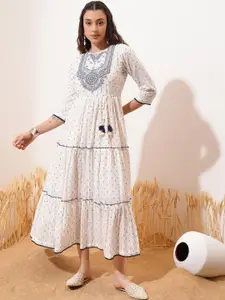 Vishudh White Printed Embroidered Tiered Cotton Maxi Fit & Flare Dress With Belt