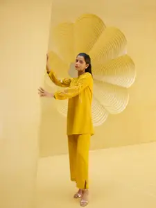 AUTUMN LANE Floral Embroidered Pintucks Band Collar Top And Trouser