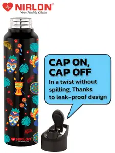 NIRLON Black Printed Stainless Steel Water Bottle 1L