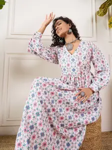 InWeave Floral Printed V-Neck Long Sleeves Maxi Dress