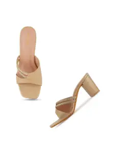 DressBerry Gold-Toned Embellished Open Toe Block Heels