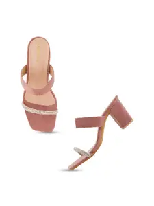 DressBerry Peach Coloured Embellished Open Toe Block Heels