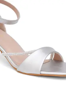 DressBerry Silver-Toned Embellished Open Toe Block Heels