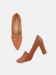 DressBerry Tan Embellished Block Heeled Pumps