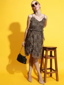 Oxolloxo Animal Printed Shoulder Straps Sleeveless Fit & Flare Dress