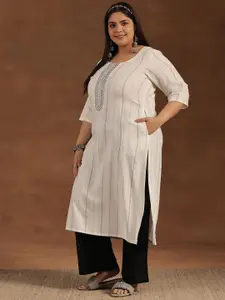 EXTRA LOVE BY LIBAS Plus Size Striped Yoke Design Thread Work Dobby Striagth Kurta