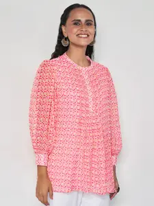 Global Desi Polka Dot Printed Mandarin Collar Cuffed Sleeves Shirt Style Top