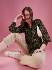 DressBerry Green Classic Abstract Printed Puff Sleeves Georgette Casual Shirt