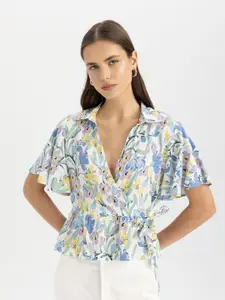 DeFacto Floral Printed Flared Sleeves Wrap Top