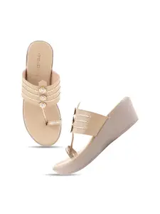 DressBerry Beige Embellished Open Toe Wedge Heels