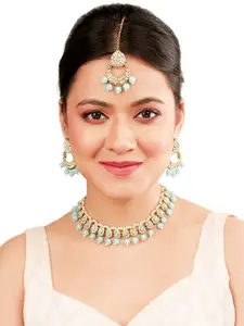 FEMMIBELLA Gold-Plated Stones Studded & Beaded Necklace And Earrings With Maang Tika